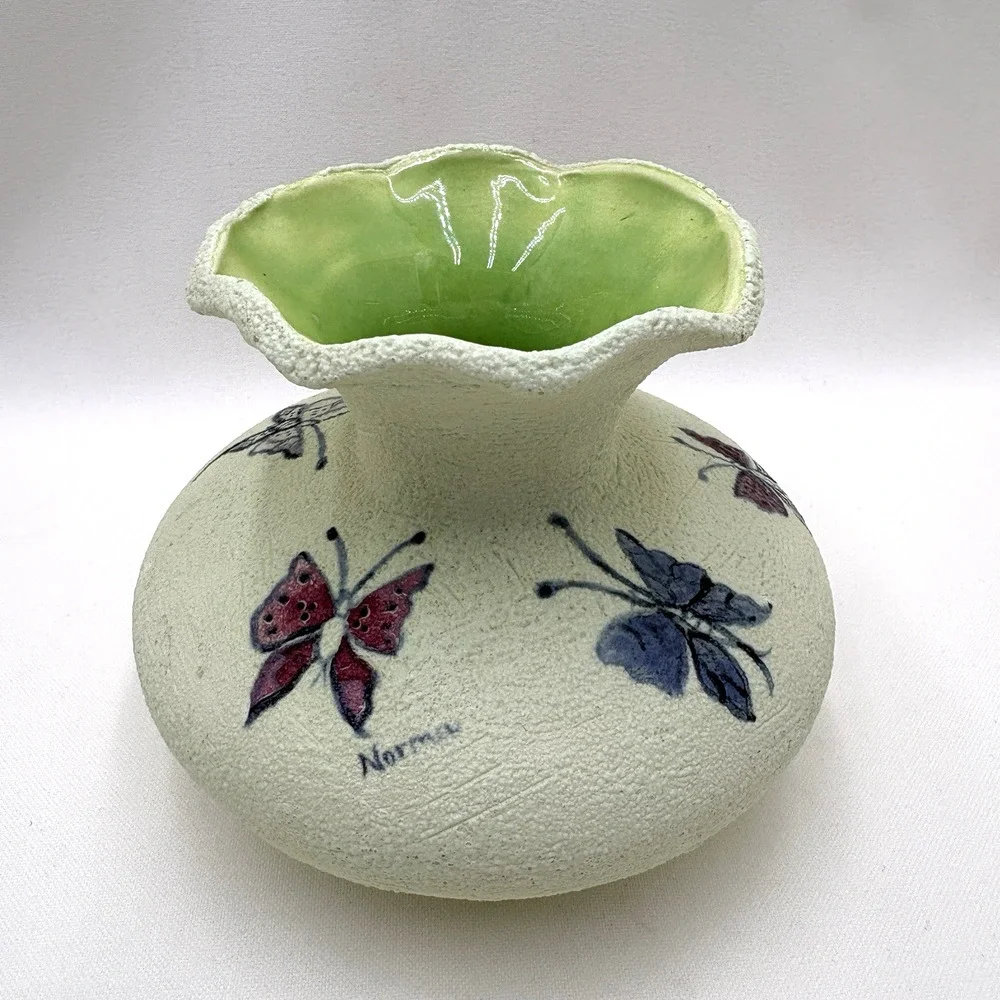 Vintage Hand Painted Textured Green Ceramic Artisan Vase With Butterflies